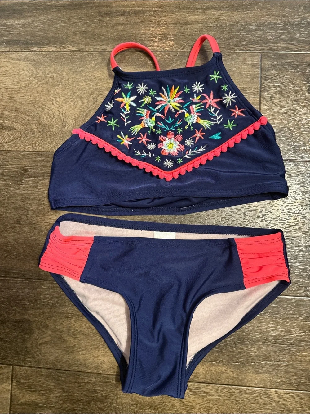 Cat & Jack Navy and Coral Embroidered Two-Piece Girls' Swim Set